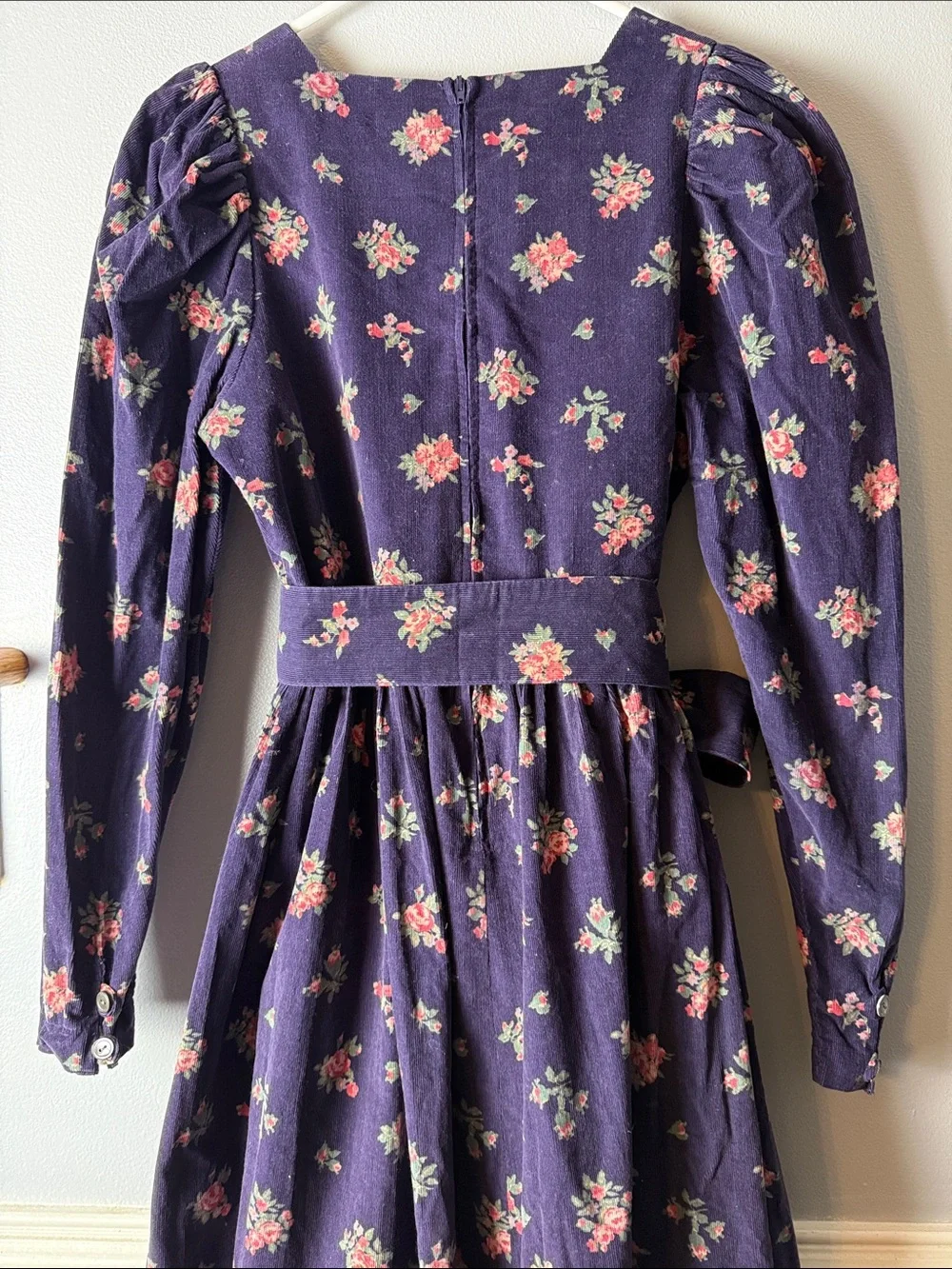 Vintage 80s Laura Ashley Navy Long-Sleeve Floral Maxi Dress with Pink Rose Print - Picture 5 of 8